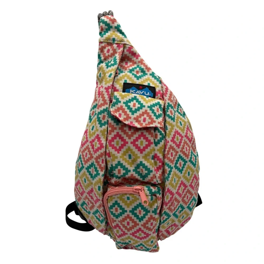 Kavu Rope‎ Bag Sling Backpack Unisex Pink Green Geometric Canvas Excellent